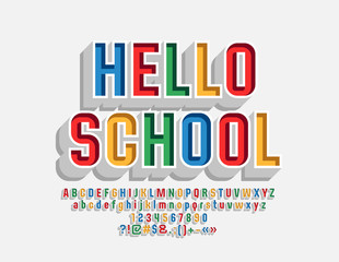 Colorful Vector Alphabet. Bright 3D Font with Text Hello School
