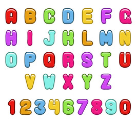 Children party jelly glossy abstract fun alphabet a to z numbers font symbol icons vector illustration