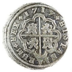 Ancient Spanish silver coin of the King Felipe V. 1716. Coined in Madrid. 2 reales. Reverse.