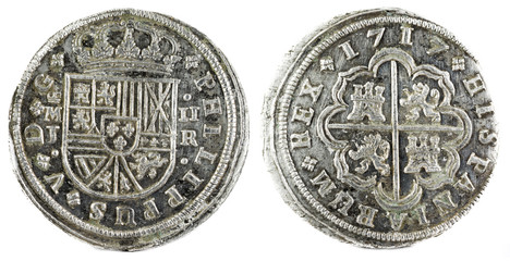 Ancient Spanish silver coin of the King Felipe V. 1716. Coined in Madrid. 2 reales.