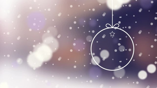 Merry Christmas and Happy New Year Background with White Snowfall and Purple bokeh effect lights. Holiday and Glittering Decorated Design.