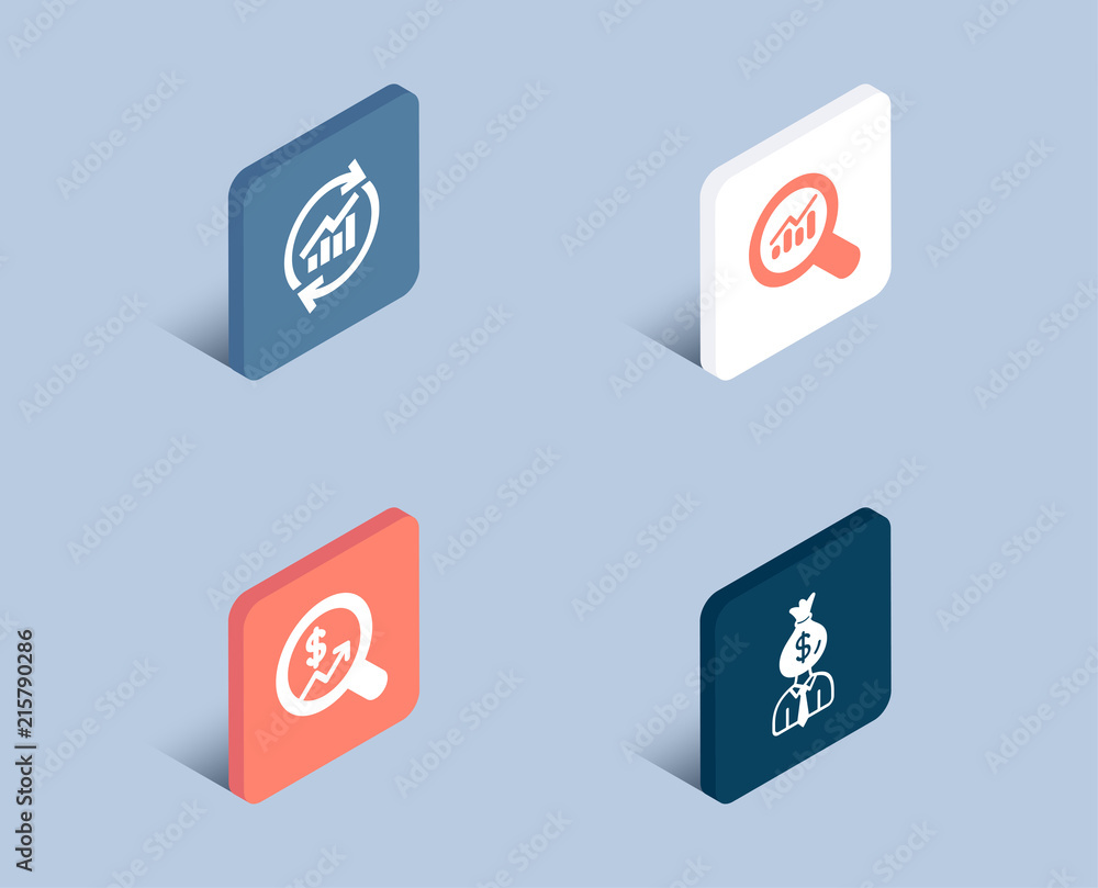 Aufkleber set of update data, data analysis and currency audit icons. manager sign. sales statistics, magnifyi