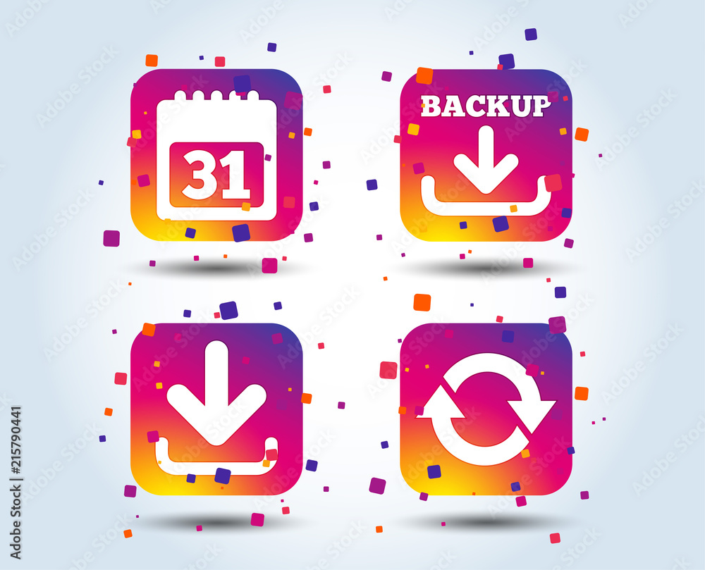 Aufkleber download and backup data icons. calendar and rotation arrows sign symbols. colour gradient square bu