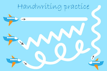 Handwriting practice sheet, draw track of planes in cartoon style, kids preschool activity, educational children game, printable worksheet, writing training, vector illustration