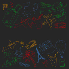 Vector pattern with travel icons. Get ready for adventures and travel. Great vacation, holidays. Hot air balloon, suitcase, airplane