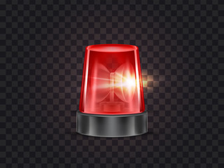Vector illustration of red flasher, flashing beacon with siren for police and ambulance cars, isolated on transparent background. Glowing rotating lamp, emergency signal of danger, alarm strobe light - obrazy, fototapety, plakaty