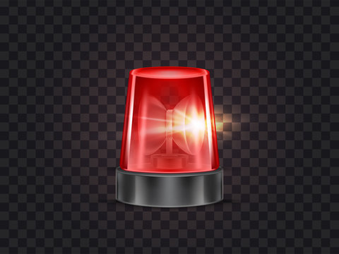 Vector illustration of red flasher, flashing beacon with siren for police and ambulance cars, isolated on transparent background. Glowing rotating lamp, emergency signal of danger, alarm strobe light