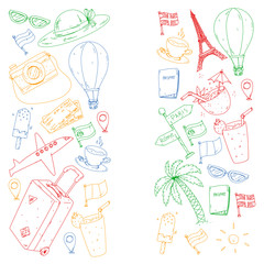 Vector pattern with travel icons. Get ready for adventures and travel. Great vacation, holidays. Hot air balloon, suitcase, airplane.