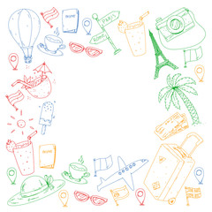 Vector pattern with travel icons. Get ready for adventures and travel. Great vacation, holidays. Hot air balloon, suitcase, airplane.