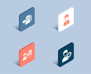Set of People communication, Woman love and Businessman icons. Support sign. People talking, User data, Edit profile.  3d isometric buttons. Flat design concept. Vector