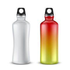 Vector set of blank plastic bottles with lids for drinks, isolated on background. Mockup with aluminum containers for energy cocktails, flask with fresh water for sport activities, jogging, yoga