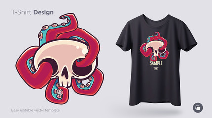 Skull with octopus t-shirt design. Print for clothes, posters or souvenirs. Vector
