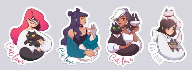 Stickers with cute girls and their cats. Vector - obrazy, fototapety, plakaty