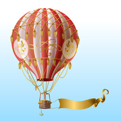 Obraz premium Vector realistic hot air balloon with vintage decor, flying on blue sky with blank golden ribbon for message. Aerostat with basket for royal travels. Template for poster, advertising banner, card