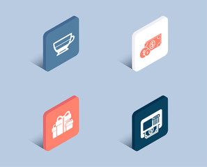 Set of Dollar money, Americano and Holiday presents icons. Atm sign. Cash with coins, Beverage cup, Gift boxes. Money withdraw.  3d isometric buttons. Flat design concept. Vector