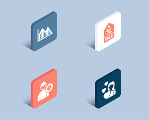 Set of Investment graph, Engineer and Sale coupon icons. Love sign. Investment infochart, Worker with cogwheel, Discount tag. Woman in love.  3d isometric buttons. Flat design concept. Vector