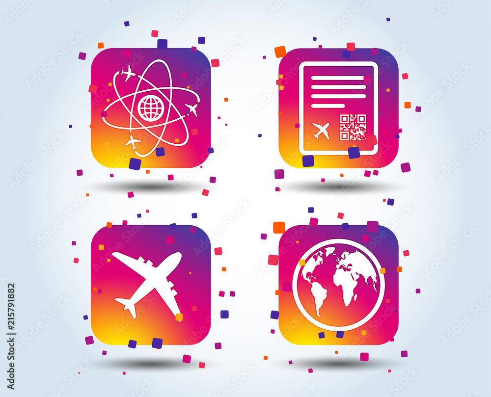 Poster airplane icons. world globe symbol. boarding pass flight sign. airport ticket with qr code. colour g