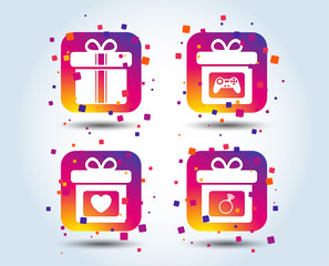 Gift box sign icons. Present with bow and ribbons symbols. Engagement ring sign. Video game joystick. Colour gradient square buttons. Flat design concept. Vector