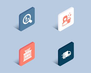 Set of Cleaning, Currency audit and Shop icons. Truck delivery sign. Maid service, Money chart, Store. Express service.  3d isometric buttons. Flat design concept. Vector