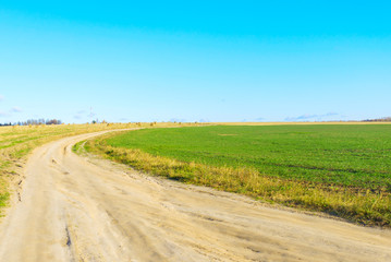 Fototapeta na wymiar Vanishing dirt road through vast farm field after harvesting with hay cocks 