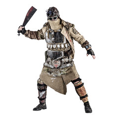 Scary post apocalyptic survivor in handmade armored clothes, armed with machete, dangerous creature...