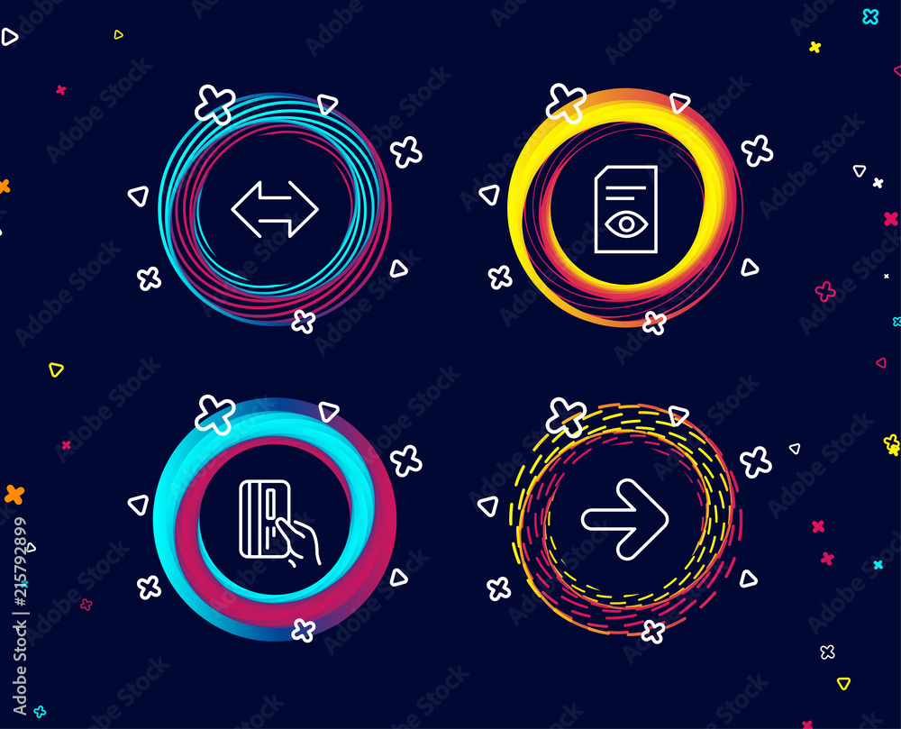 Aufkleber set of view document, payment card and sync icons. next sign. open file, credit card, synchronize. f