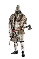 Obraz premium Post apocalypse world survivor, bandit or marauder in gas mask, ghillie cape, ragged clothes with runes, showing beckoning sign while standing with carpenters axe in hand, isolated on white shoot