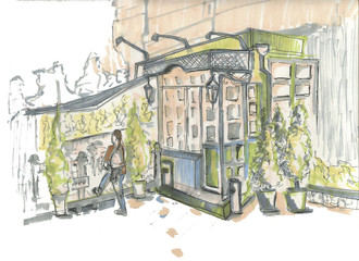 Sketch of a cafe. Hand drawn markers and liner