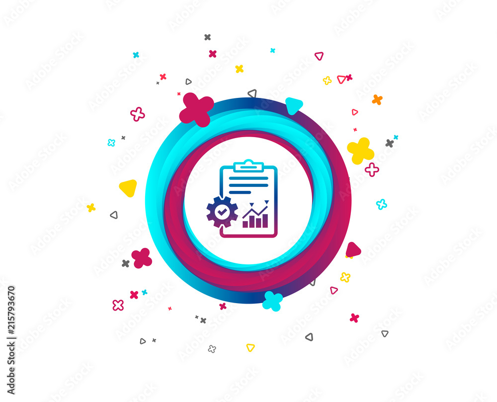 Poster project management icon. report document with cogwheel symbol. file with charts symbol. colorful but
