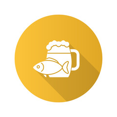Beer mug with salty fish flat design long shadow glyph icon