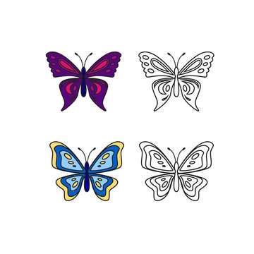 vector illustration butterfly, outline design and color set