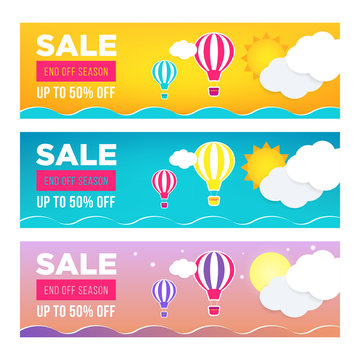 Sale banner template design set. Web banner, flyer, voucher with hot air balloon, sea, moon, sun, clouds for your site. Modern gradient style. Home page concept with text space background.