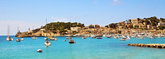 Beautiful panorama view of Port de Soller, Majorca island, Mediterranean Sea, Spain.