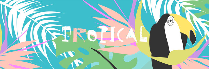 Tropical collage pattern banner in hawaiian style with toucan bird and exotic floral decoration elements. Colorful summer background made in vector