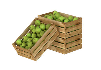 3D render of wooden box. Full of apples fruit. Isolated on white background.