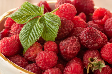 Ripe red raspberry and green lleaf on a plate, under natural light.