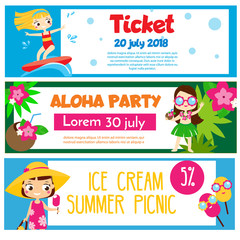 Fototapeta premium Summer party banners. Invitations, advertisements with happy children having beach fun and activity