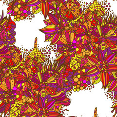 Fairy forest. Seamless pattern, bright, psychedelic painting, hand-drawn