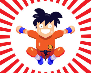 a cheerful little man karate in a jump