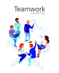 The team of different specialists discusses the presentation. teamwork. isometric 3d