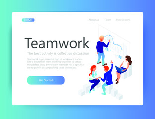 People are working together to solve the problem. Teamwork, page layout. isometric 3d