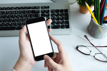 Man using Smartphone. Blank screen mobile phone for graphic display montage.