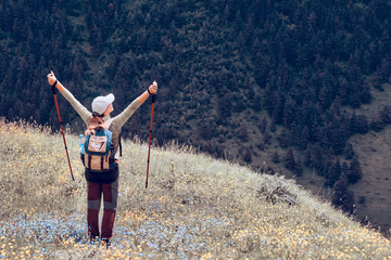 Obraz premium Happy Hiker with Backpack and trekking sticks looking green forest of the mountain range