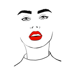 Fashion woman with red lips sketch. Fashion face woman portrait for your design. Beautiful young woman portrait with elegant makeup. Beauty Fashion model. Sketch. Vector illustration.