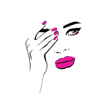 recommend clip art: Fashion woman with pink lips closes hand face sketch. Fashion face woman portrait with eyeshadow. Beautiful young woman portrait with elegant makeup. Beauty Fashion model. Sketch. Vector illustration.