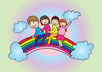 Cute kids with rainbow. Hand drawing illustration.