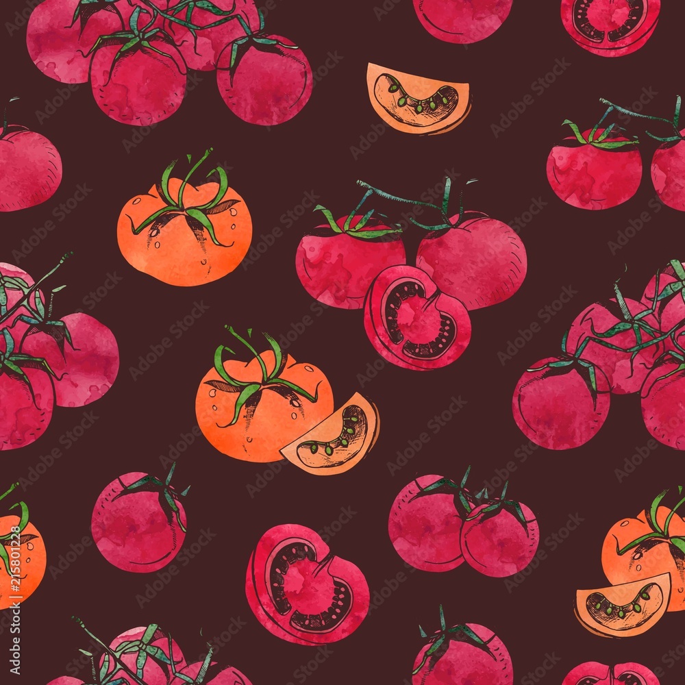 Poster colorful seamless pattern with sliced and whole red tomatoes on branch on dark background. backdrop 