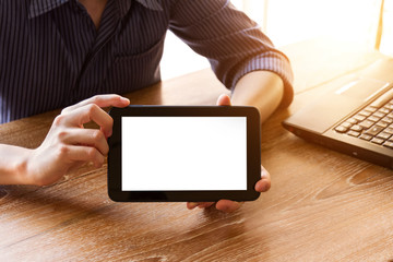 business man showing tablet computer with blank white screen