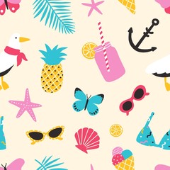 Summertime seamless pattern with exotic fruits, seashells, seagull, tropical leaves, sunglasses, butterflies. Summer backdrop. Vector illustration for fabric print, wrapping paper, wallpaper.