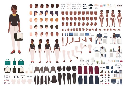 African American woman secretary, manager or office assistant DIY or animation kit. Set of female character body parts and formal clothing isolated on white background. Cartoon vector illustration.